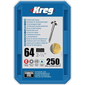 Kreg Pocket-Hole Schrauben 64 mm, Edelstahl, Maxi-Loc, Grobgewinde, 250 Stück #SML-C250S5-250-INT