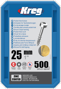 Kreg Pocket-Hole Schrauben 25 mm, Verzinkt, Flachkopf, Feingewinde, 500 Stück #SPS-F1-500-INT
